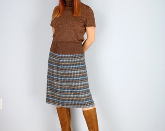 1960s Skirt - Vintage Plaid A-Line Midi Skirt - Blue Brown Black - Jaeger - Office Appropriate - Fall Winter - XS/S Waist 25"