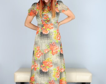 Vintage 60s 70s Dress - 1960s 1970s Floral Polka Dot Maxi Dress - XS 25" - Boho Hippie Dress With Ruffle Collar