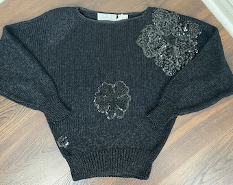 Vintage Sweater 80s Hand Knit Black Sequin Evening Sweater Designer JEANA-LIS S/M