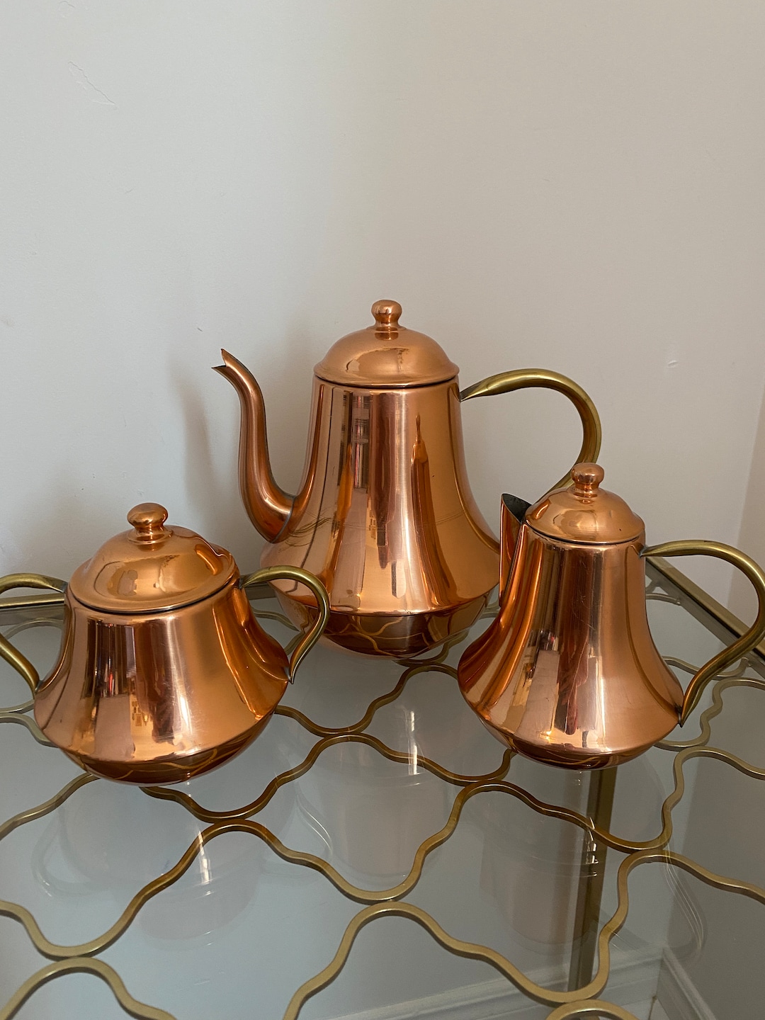 Vintage Copper Tea or Coffee Set With Teapot Sugar Bowl Cream Jug
