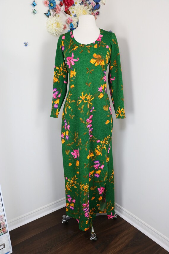 70s Floral Maxi Dress - Vintage 1970s KAYSER Green Dr… - Gem