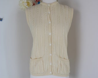 Chaleco vintage estilo preppy de los años 70 de JAEGER, sin mangas, de lana de punto color crema, talla M/L