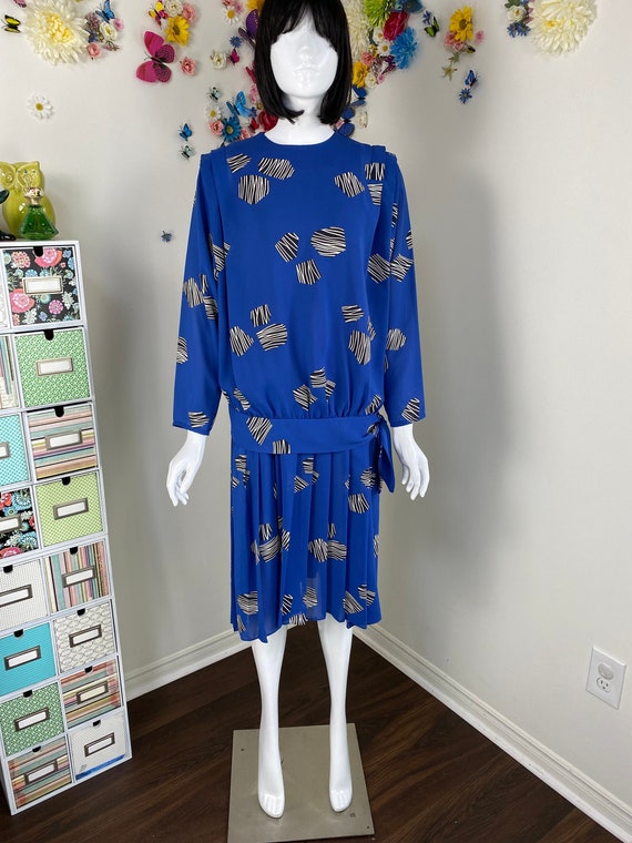 Vintage Flapper Style Dress 1980s Blue Drop Waist HOLT RENFREW Evening Dress - M