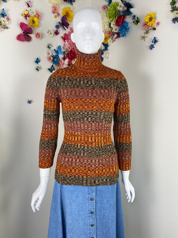 70s Striped Turtleneck Pullover Sweater - Vintage… - image 4