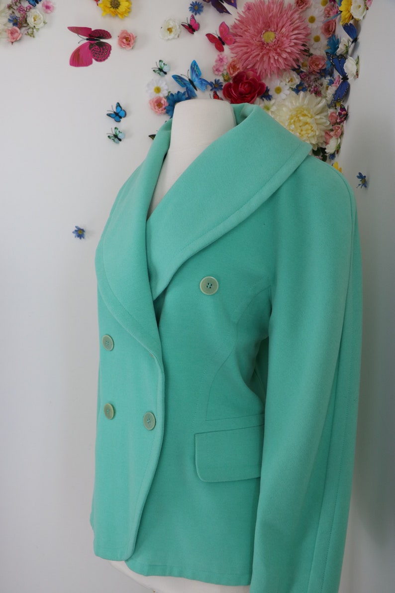 1980s Vintage ESCADA Designer Blazer Double Breasted Jacket Pastel Mint Green Angora Wool Cashgora 38 EU S/M US Classic Timeless image 3