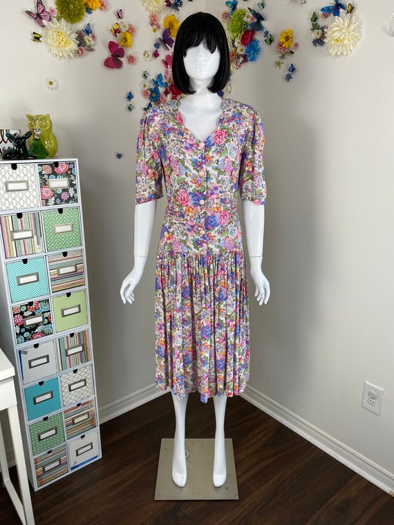 80s Floral Summer Dress - Vintage 1980s Cottageco… - image 1