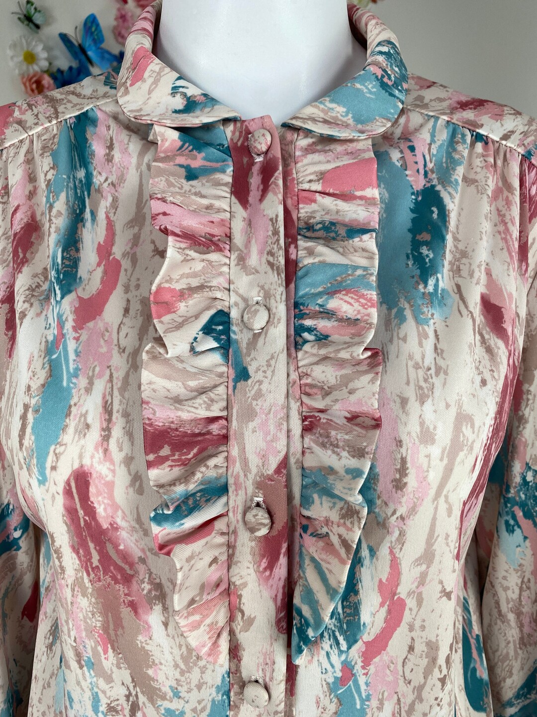 70s Vintage Ruffle Shirt 1970s KITTEN Pink Abstract Blouse Boho Casual ...