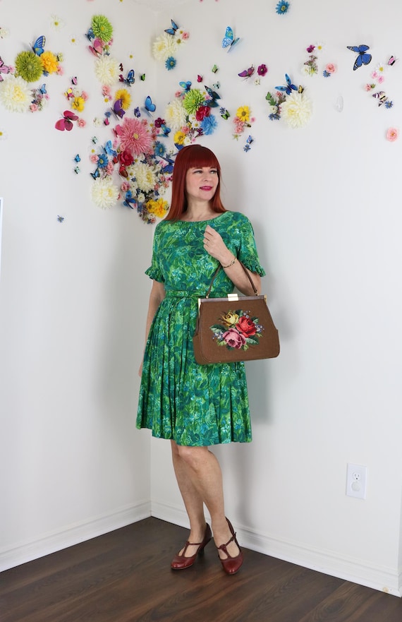 Floral Summer Dress HENRY ALLEN Vintage 50s Green Cotton Garden