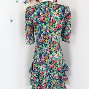 Vintage 80s Does 30s Floral Day Dress CLOCK HOUSE Drop Waist Tiered Ruffle Hem Skirt With Puff Shoulders S/M image 9