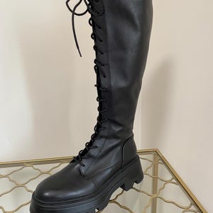Zara Black Leather Lace-Up Platform Combat Boots Zara Lace Up Leather High Top Combat Boots Black Women Size  main image 3