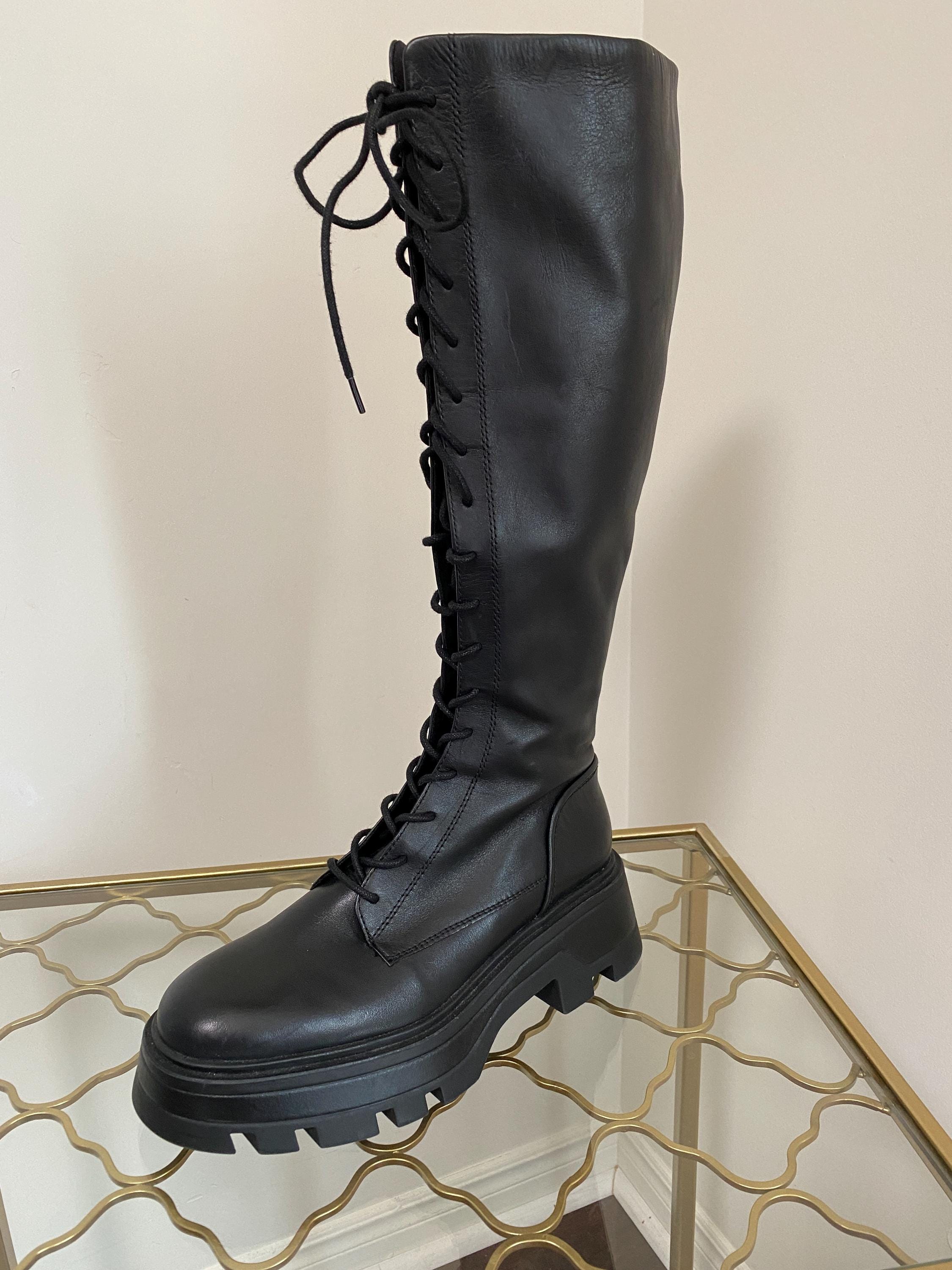 Black Leather Lace up Boots ZARA Track Sole Steampunk Moto Grunge