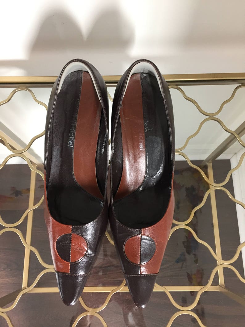 1980s Brown Pumps Two Tone Patchwork Leather Mod Mirrored | Etsy