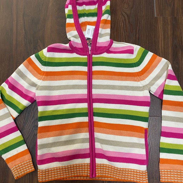 TOMMY HILFIGER Rainbow Striped Cardigan Sweater Jacket With Hood - Vintage Cotton Cardigan Knit Jacket - Casual Sport Active Wear - S/M