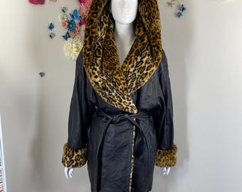 Black Leather Leopard Coat Vintage DANIER 1980s Hooded