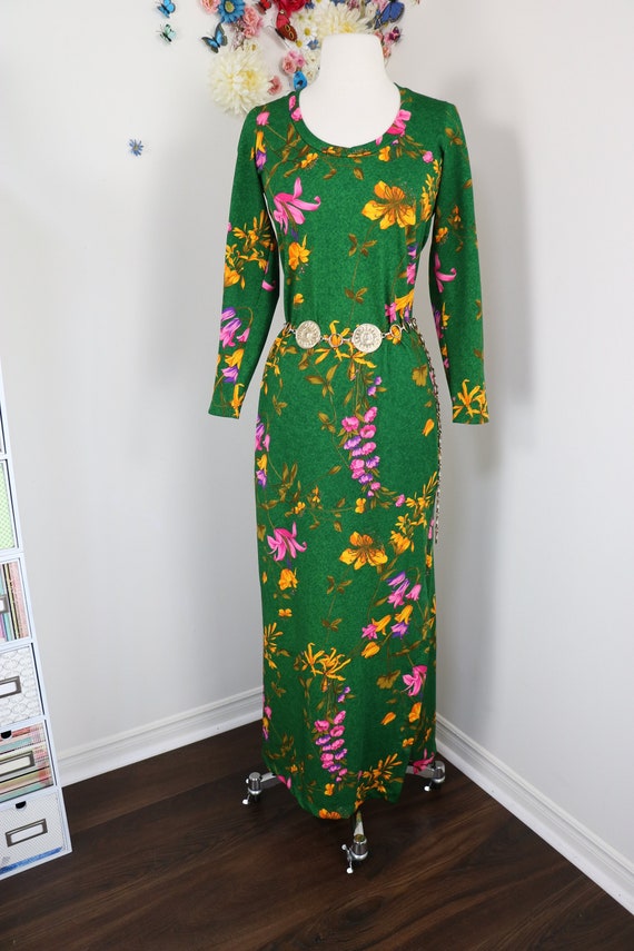 70s Floral Maxi Dress - Vintage 1970s KAYSER Green Dr… - Gem