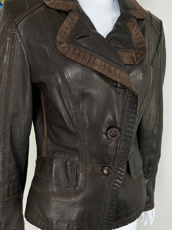 Patchwork Leather Jacket Y2K Dark Brown Fall Jack… - image 6