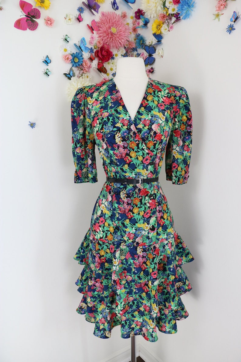 Vintage 80s Does 30s Floral Day Dress CLOCK HOUSE Drop Waist Tiered Ruffle Hem Skirt With Puff Shoulders S/M image 1