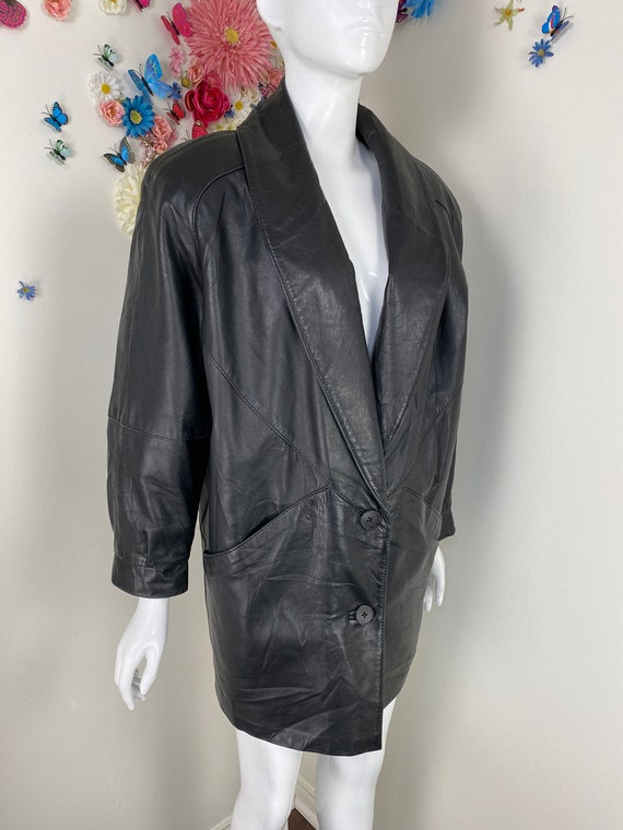 1980s Oversized Black Leather Bomber Jacket - P&W… - image 3
