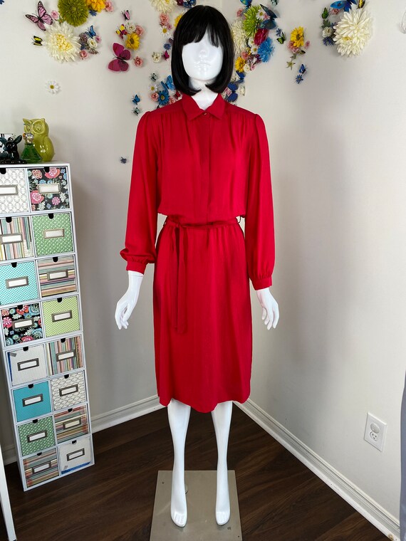 90s Red Silk Shirt Dress With Pockets - Vintage 1… - image 3
