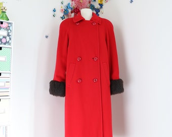 1980s Does 40s Vintage Red Coat - M/L - Long Winter Coat - Aquascutum - Made In Canada -  Faux Fur Trim - Double Breasted Statement Coat