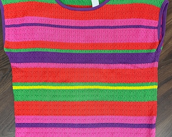 90s Rainbow Stripe Knit Top - Vintage 1990s Cotton Short Sleeve Summer Spring Sweater - Casual Colourful Summer Top - Large