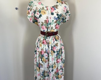 Summer Floral Cottagecore Dress Vintage 80s Cotton Romantic Boho Dress L/XL