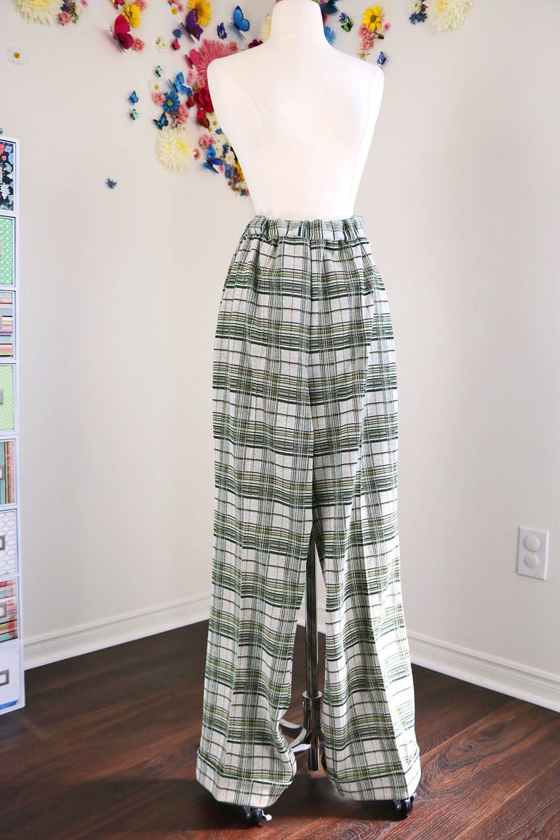 Cuffed Hem Button Up Vest 1970s Plaid Pantsuit Vintage Two Piece Leisure Suit Pockets Wide Leg LargeExtra Large Sewn In Seam