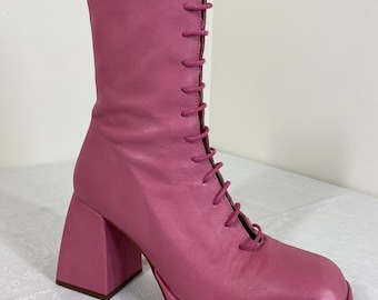 Pink Lace Up Platform Leather Boots Squared Off Toe 40 EU - 9/9.5 US