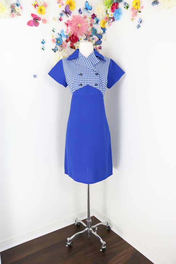 Vintage 70s Blue Gingham Shift Dress - 1970s Doubl