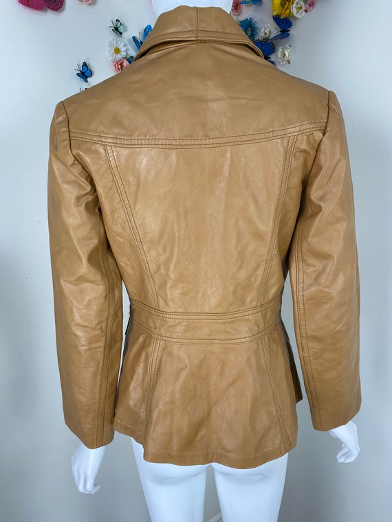 VTG 70s TAN SOFT LEATHER SAFARI STYLE LEATHER JACKET BIG COLLARS MOD DISCO 38” S