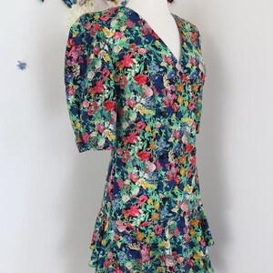 Vintage 80s Does 30s Floral Day Dress CLOCK HOUSE Drop Waist Tiered Ruffle Hem Skirt With Puff Shoulders S/M image 7