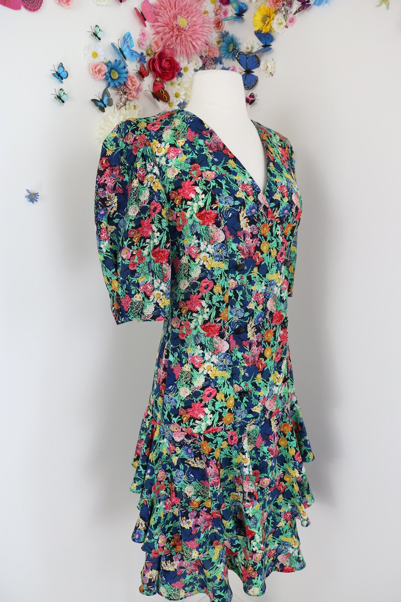 Vintage 80s Does 30s Floral Day Dress CLOCK HOUSE Drop Waist Tiered Ruffle Hem Skirt With Puff Shoulders S/M image 7