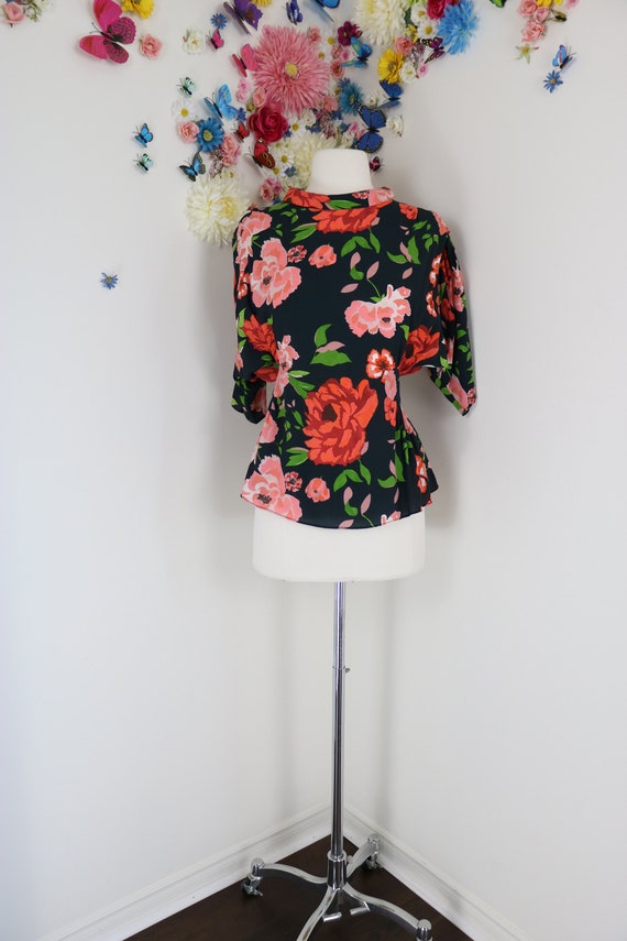 40s Style Vintage Floral Blouse - Peach Black - R… - image 3