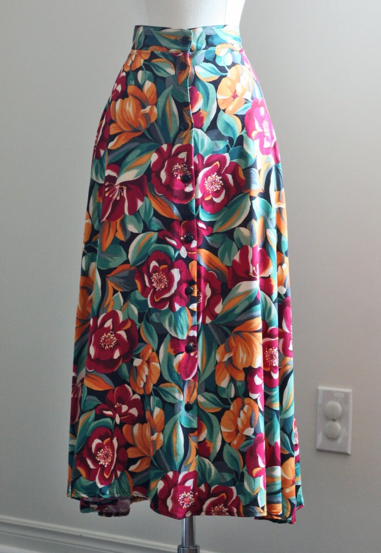1980s Skirt Floral Midi Skirt Full Flare Circle Skirt | Etsy
