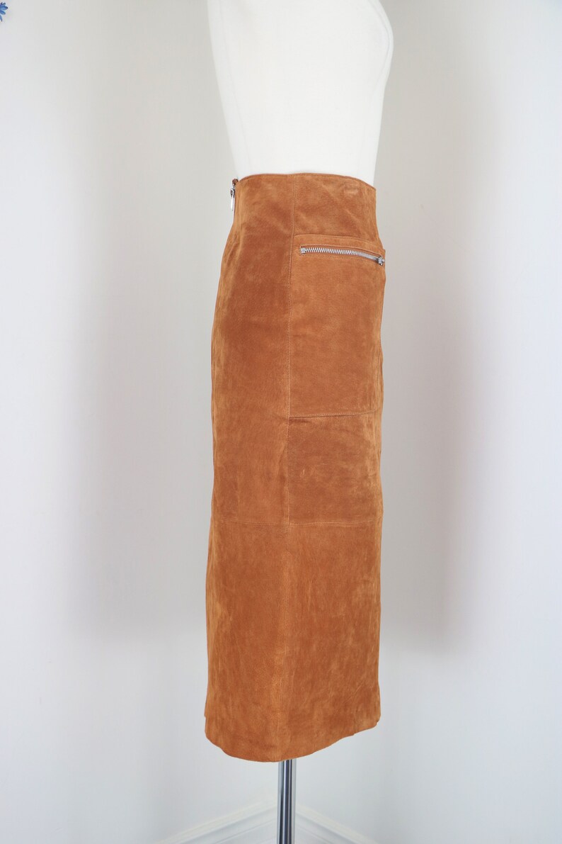 Long Caramel Brown Pencil Skirt Medium 28 Waist Retro Hipster Diagonal Zipper Closure 90s Does 70s Brown Suede Midi Skirt Pockets