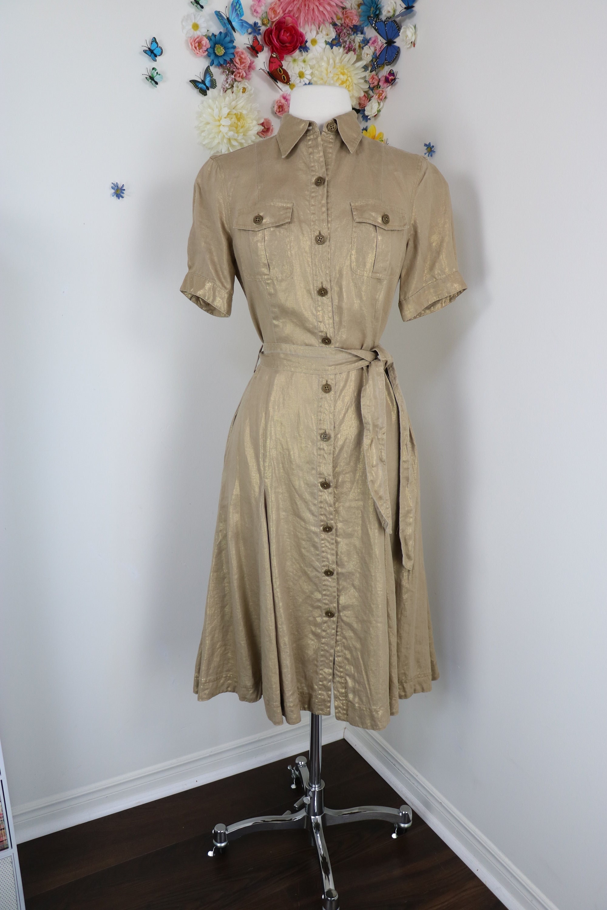 Y2K RALPH LAUREN Shirt Dress With Pockets Vintage Metallic Gold