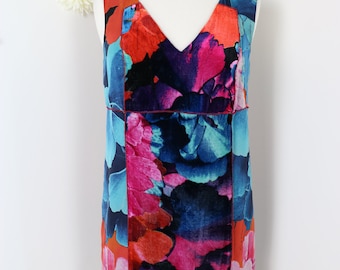 Vintage Silk Velvet Evening Dress ANTHROPOLOGIE Floral Mini Shift Dress Colourful Silk Cocktail Dinner Party Date Night Clubbing - XXS/XS