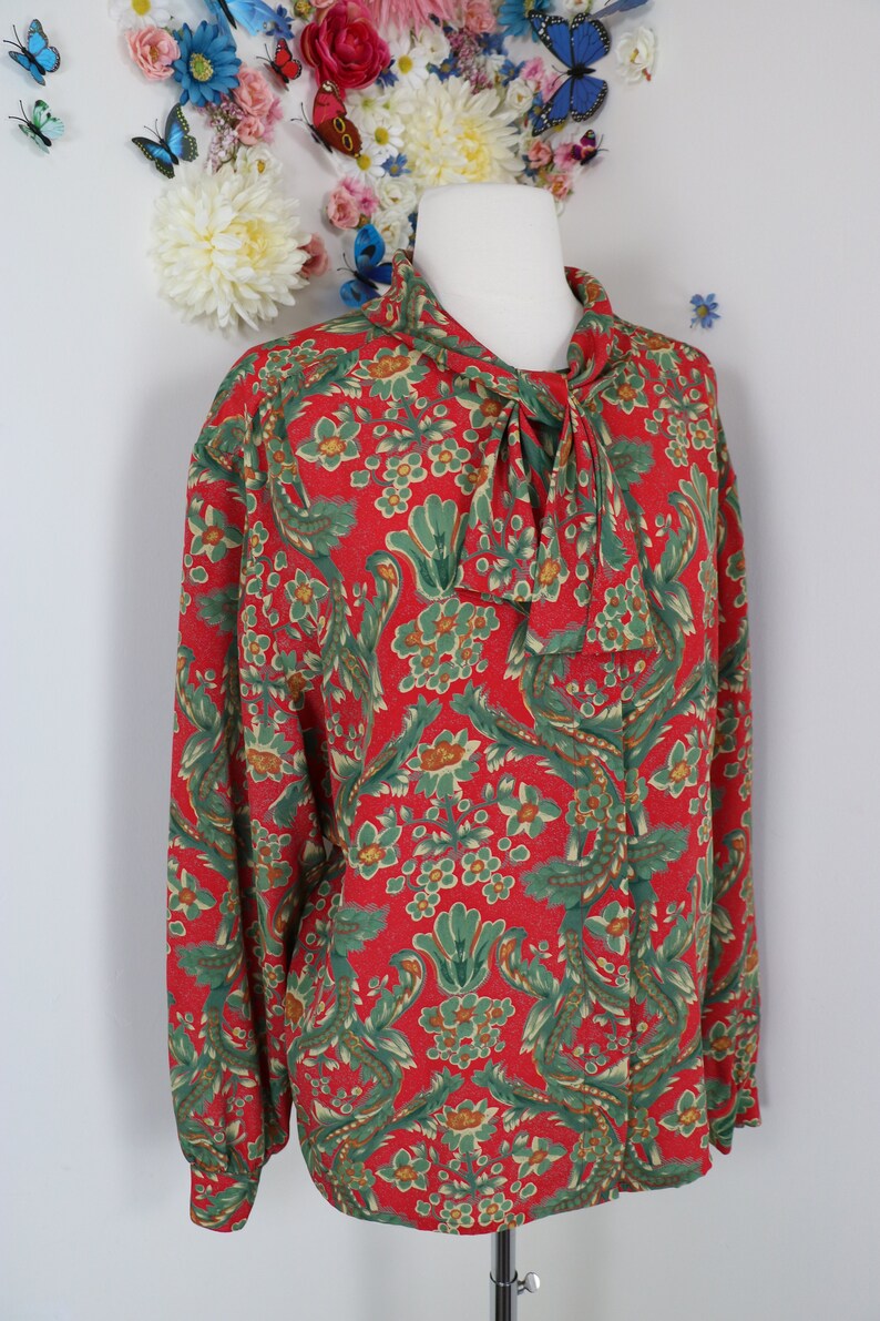Vintage Tie Neck Blouse 1980s Floral Secretary Blouse 80s TANJAY Loop