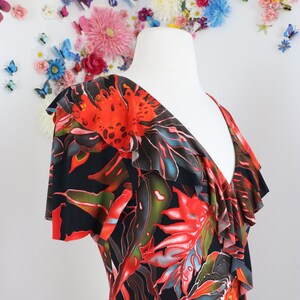 1990s Vintage Red Tropical Floral Midi Dress Rimma Benetti Bold Oversized Floral Short Sleeve, Ruffle Hem & Neckline, V-Neck Medium image 3