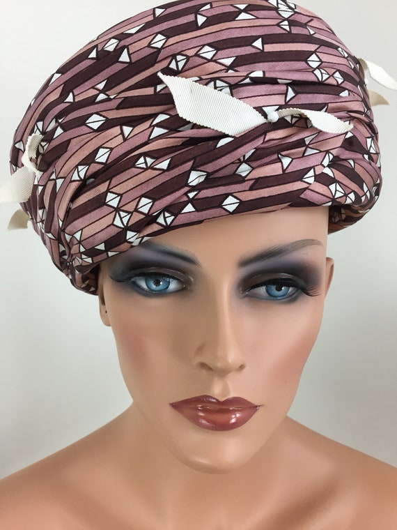 1950s Vintage Brown Pillbox Silk Turban Hat - 50s… - image 1