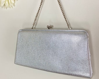 1950s 60s Evening Clutch Purse - Silver Metallic Evening Purse With Small Chain - Prom Wedding