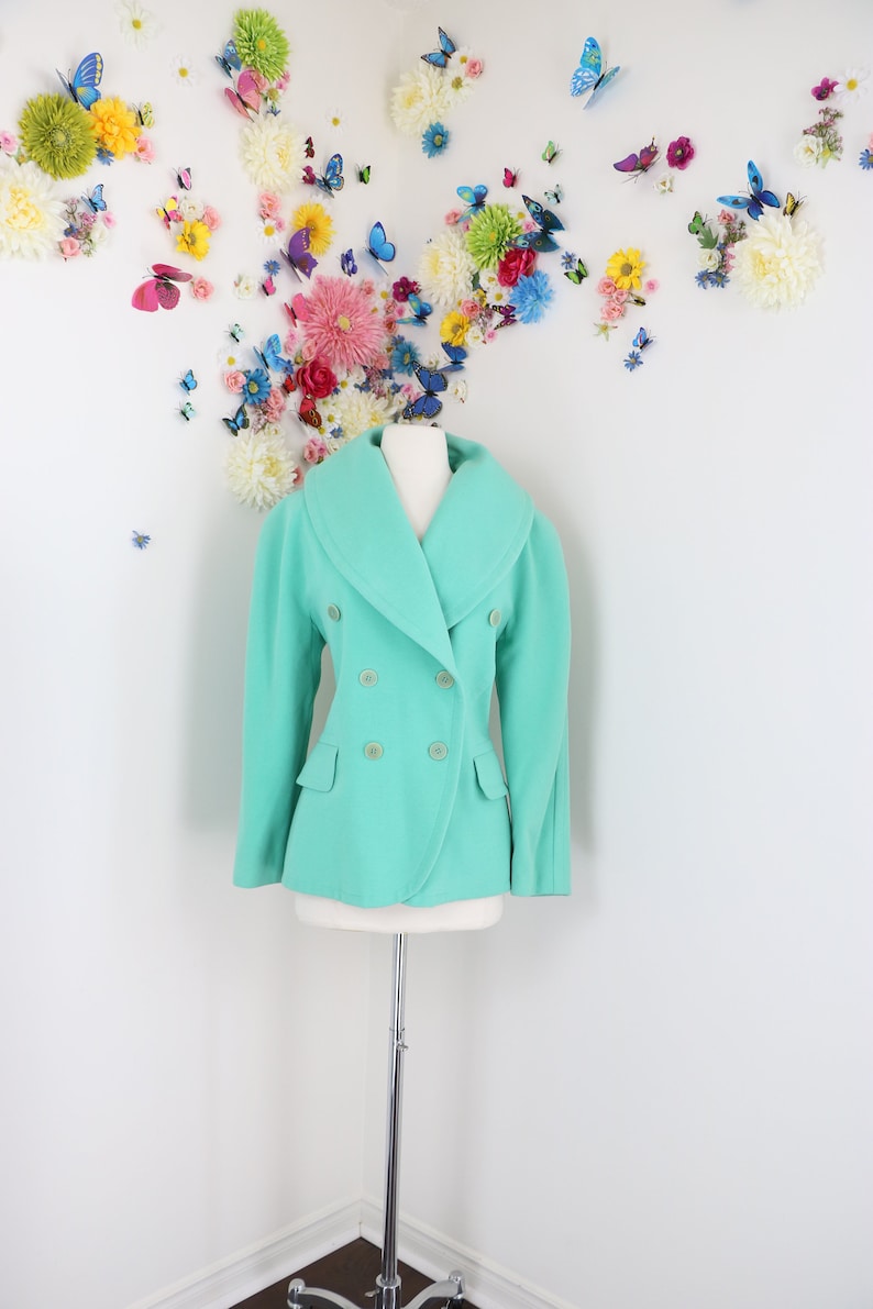 1980s Vintage ESCADA Designer Blazer Double Breasted Jacket Pastel Mint Green Angora Wool Cashgora 38 EU S/M US Classic Timeless image 1