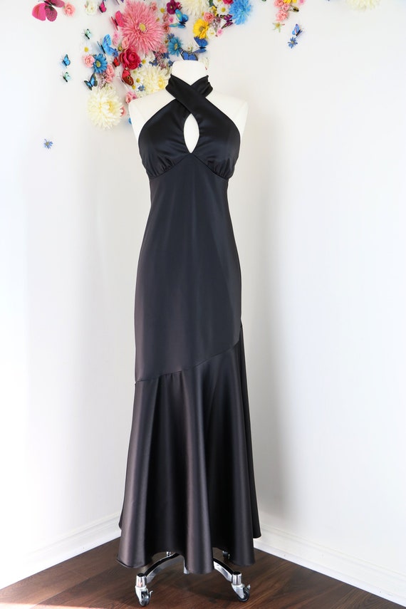 black satin evening gown