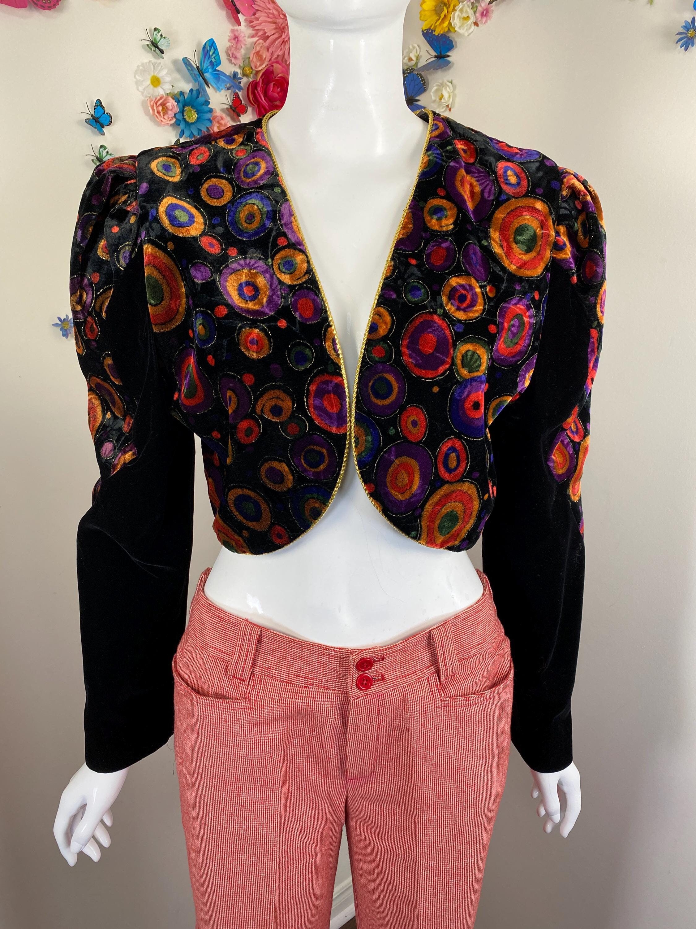 Cropped Velvet Bolero Jacket Vintage 1980s Boho Jacket LORI WEIDENER  Rainbow Dotted Evening Dress Shrug Gifts For Her S/M