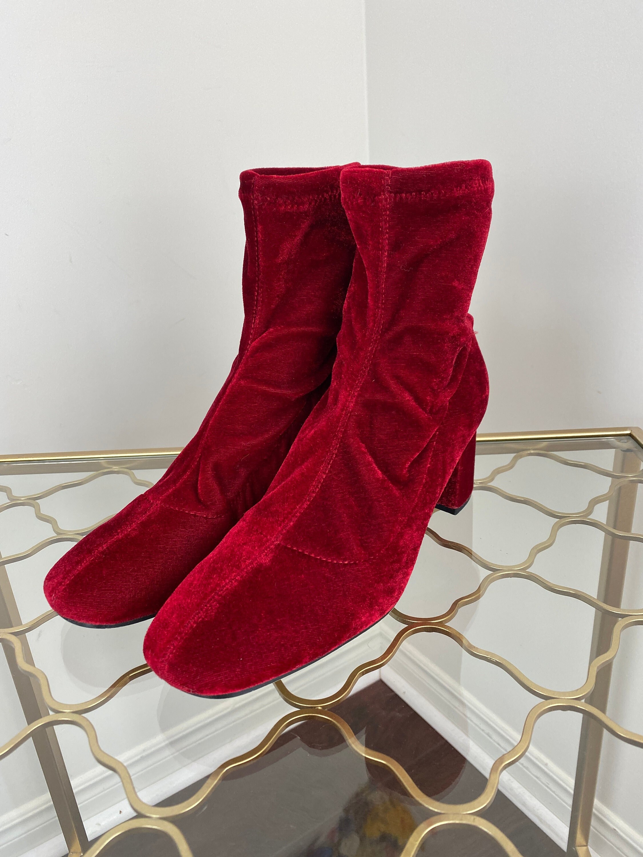 Red Velvet Sock Boots by ZARA Groovy Velvet Ankle Boots Bold Party