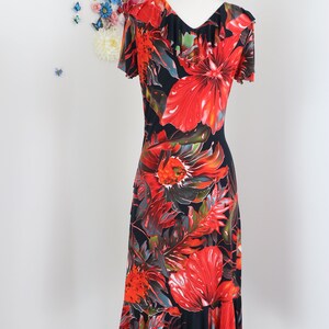 1990s Vintage Red Tropical Floral Midi Dress Rimma Benetti Bold Oversized Floral Short Sleeve, Ruffle Hem & Neckline, V-Neck Medium image 10