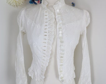 Antique White Lace Blouse Victorian Cotton Bodice Jacket 1900s 1910s - XXS