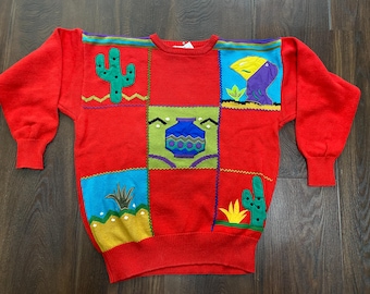 Vintage 80s Patchwork Sweater Red Cotton SPANNER Pullover Bird Cactus Jumper - M
