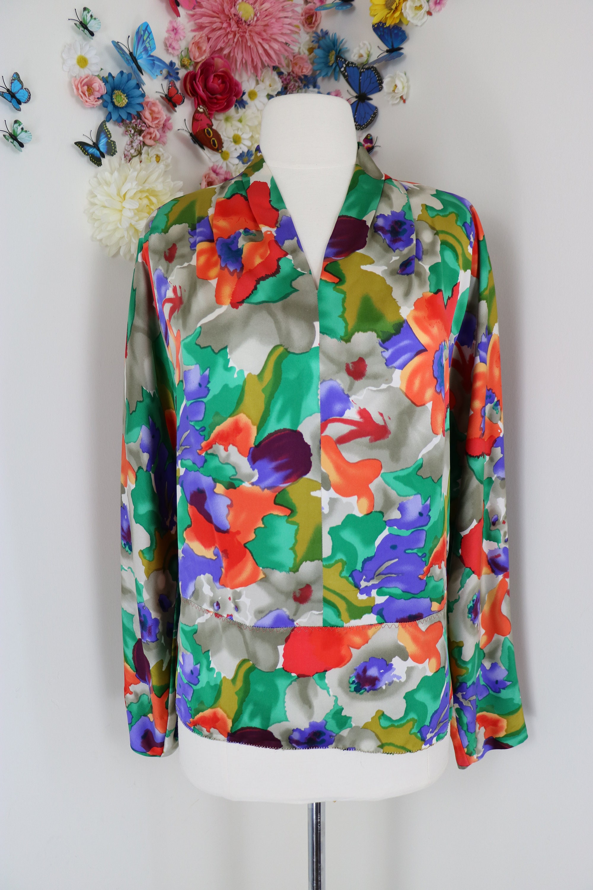 Vintage Silk Floral Blouse Watercolour Multicoloured - Etsy