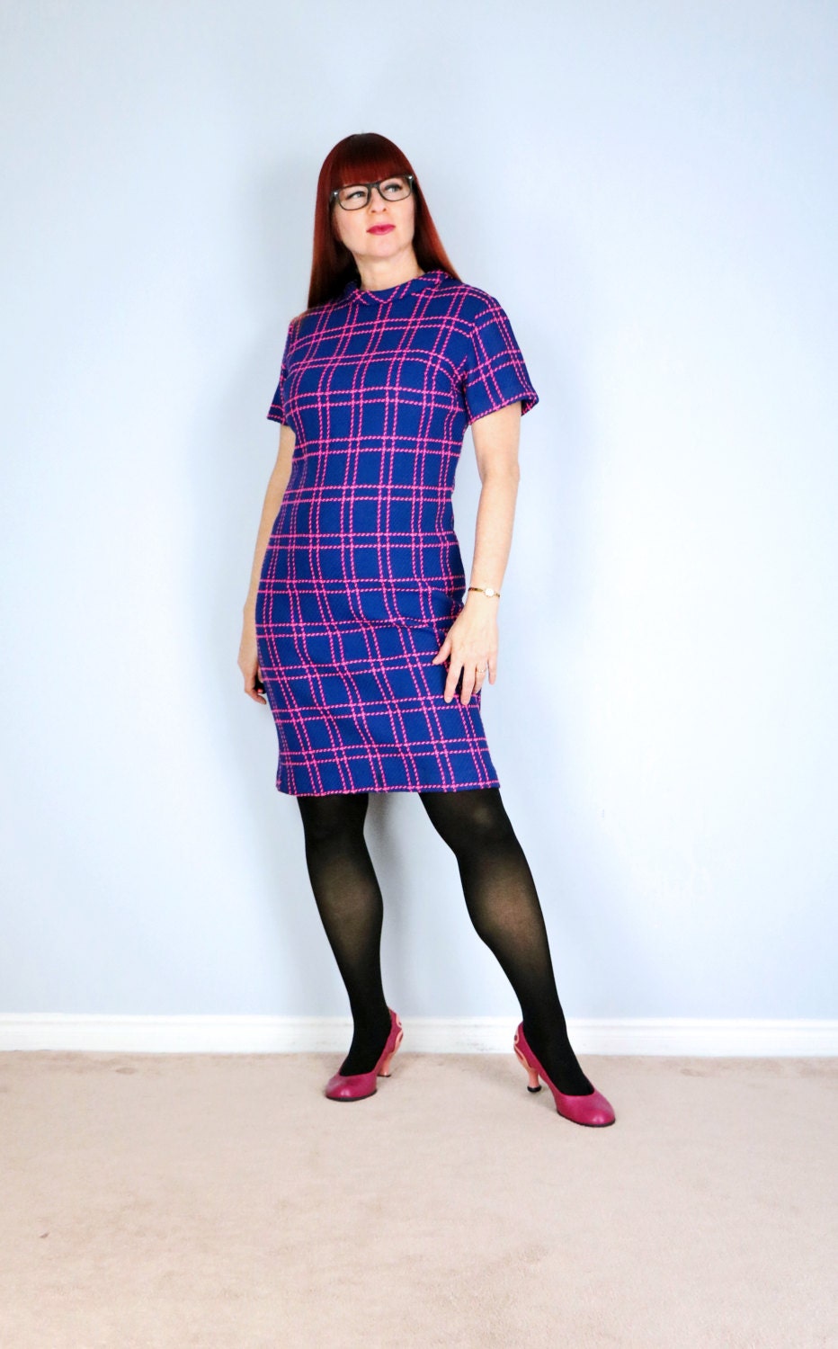 Vintage Sheath Day Dress 1960s Blue Check Dress Mini Fall Dress 60s Wear To Work Secretary Dress Preppy Academia Aesthetic Mod Dress - S/M